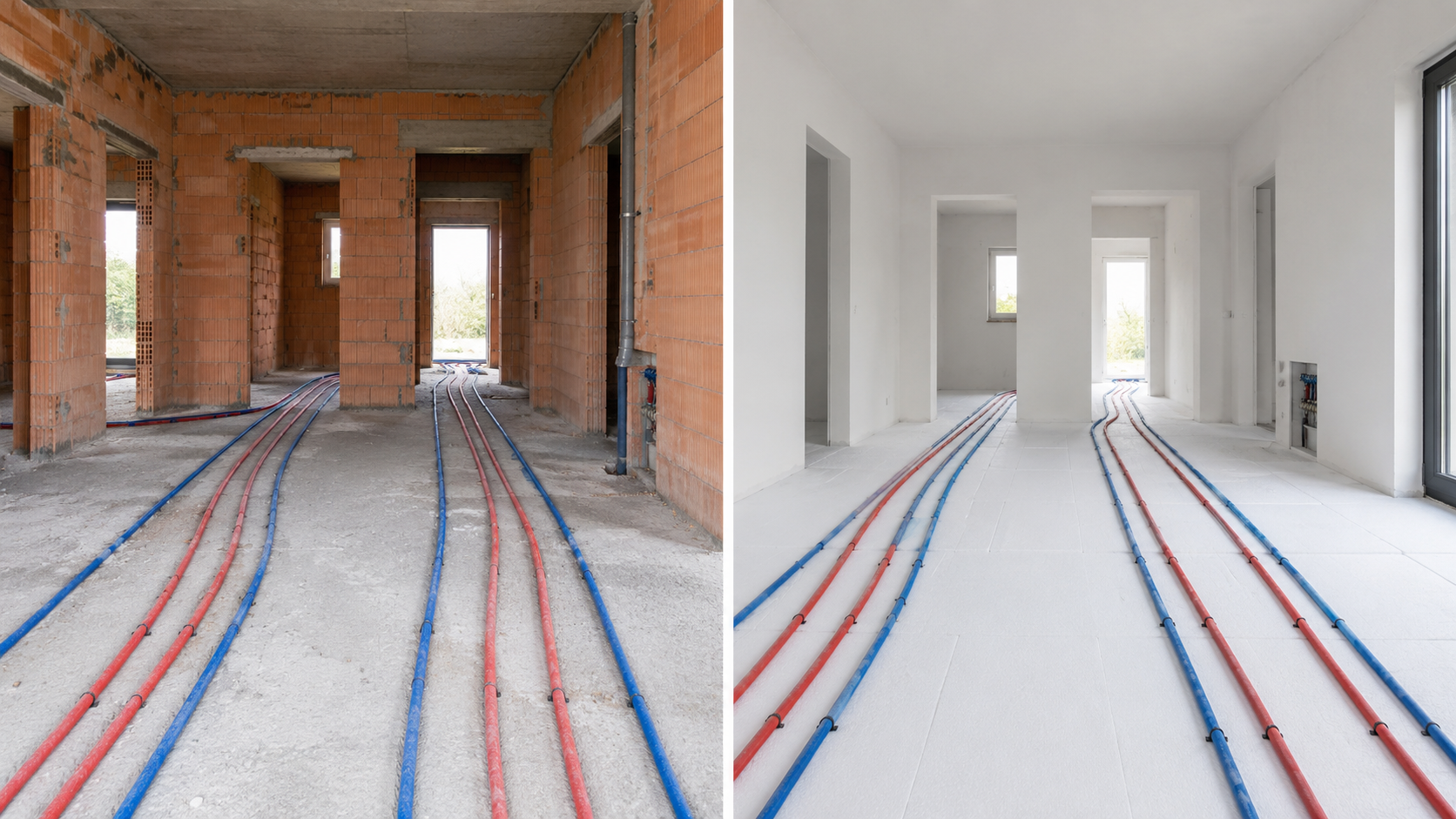 Porównanie montażu rur instalacji CWU na chudym betonie i na pierwszej warstwie styropianu.